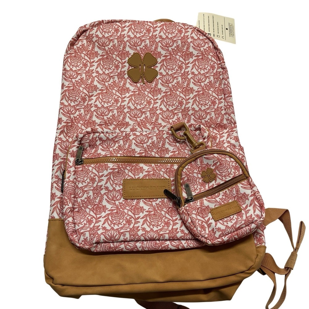 Lucky Brand Backpack Coral White Floral Canvas W Coin Purse Faux Leather Trim